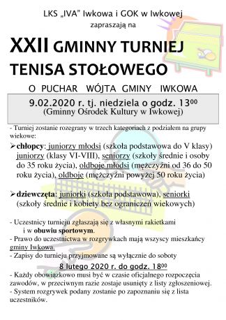 XXII GMINNY TURNIEJ TENISA STOŁOWEGO O PUCHAR WÓJTA GMINY IWKOWA