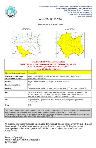 Ostrzeżenie meteorologiczne - Przymrozki