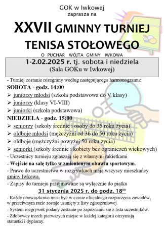 XXVII Gminny Turniej Tenisa Stołowego o Puchar Wójta Gminy Iwkowa