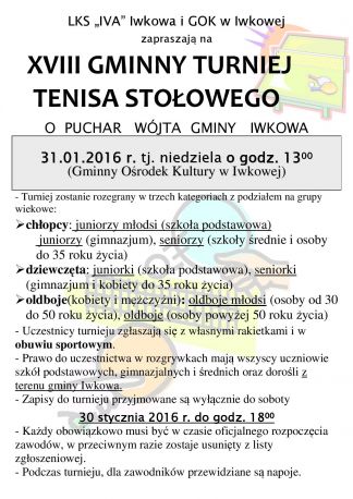 XVIII GMINNY TURNIEJ   TENISA STOŁOWEGO