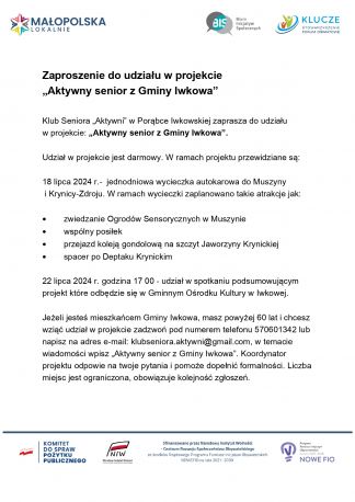 Zaproszenie do udziału w projekcie  „Aktywny senior z Gminy Iwkowa”