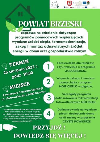 Zaproszenie na szkolenie dotyczące programów pomocowych wspierających wymianę źródeł ciepła, termomodernizację, zakup i montaż oze w domu oraz w gospodarstwie rolnym