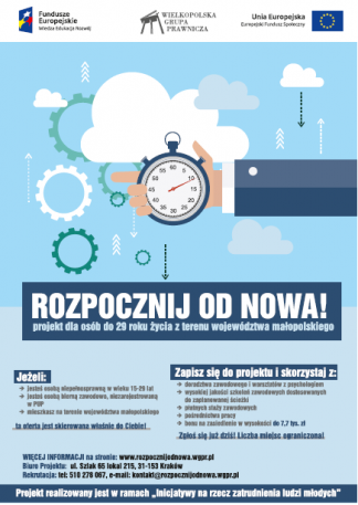 Rozpocznij od nowa! -  projekt dla osób do 29 roku życia z terenu województwa małopolskiego