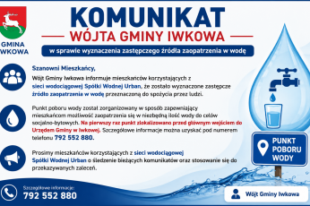 KOMUNIKAT WÓJTA GMINY IWKOWA w sprawie wyznaczenia zastępczego źródła zaopatrzenia w wodę